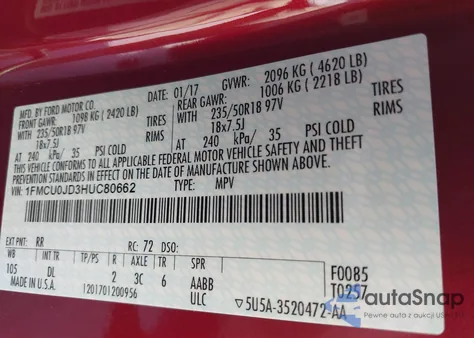 2017 Ford Escape Titanium from USA, damaged, VIN 1FMCU0JD3HUC80662